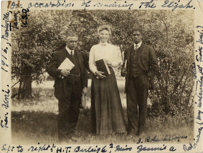 Photograph of baritone and composer H.T. Burleigh (left), tenor and composer Roland Hayes, withwith Jennie A. Robinson at Fisk University - Source: Detroit Public Library online digital collection from the Hackley collection